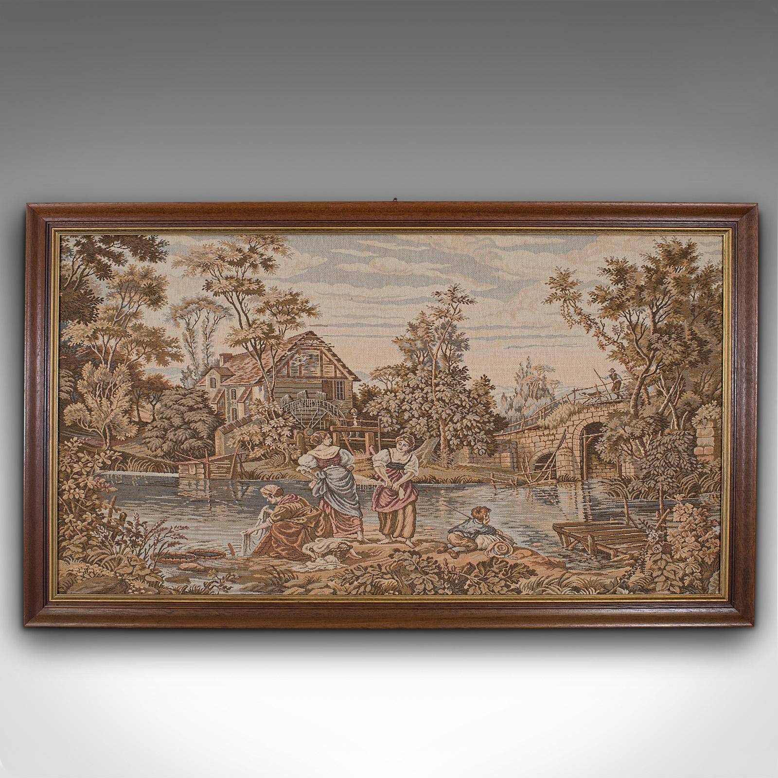 This is a vintage panoramic tapestry. A French, needlepoint decorative panel with mahogany frame, dating to the early 20th century, circa 1930.

Classical riverside appeal with charming detail
Displays a desirable aged patina
