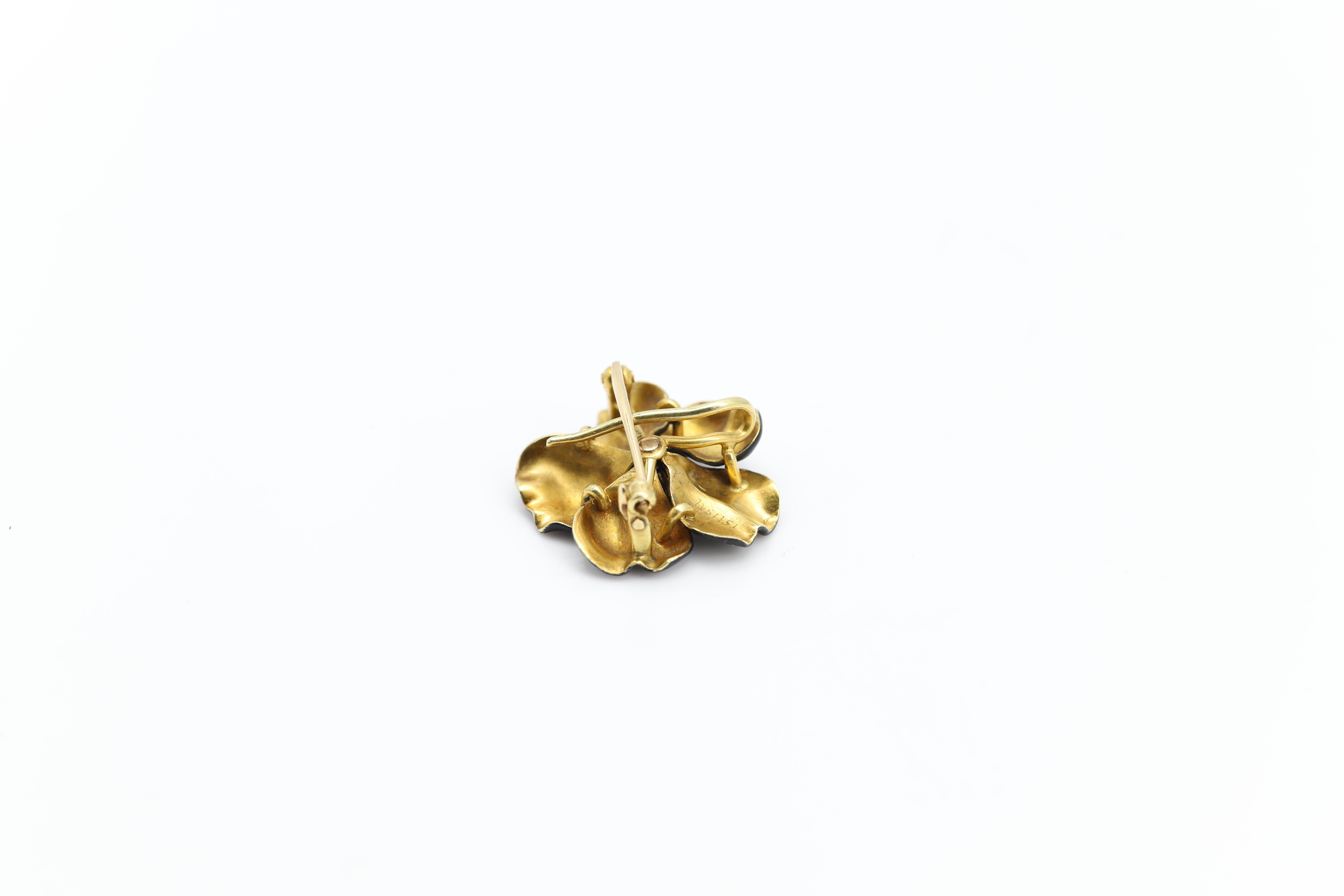 Vintage Pansy Art Nouveau Enamel Brooch circa early 1900's 14 Karat Black Pin For Sale 2
