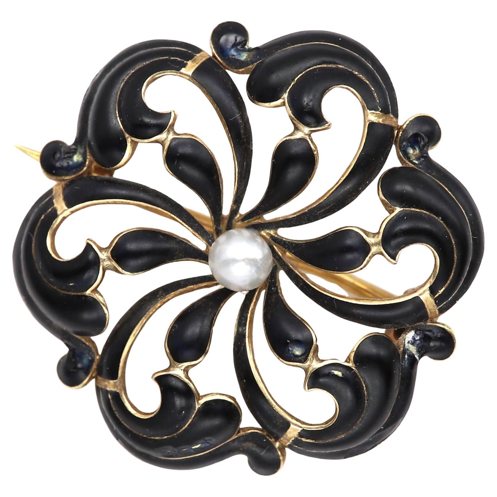 Vintage Pansy Art Nouveau Enamel Brooch circa early 1900's 14 Karat Black Pin