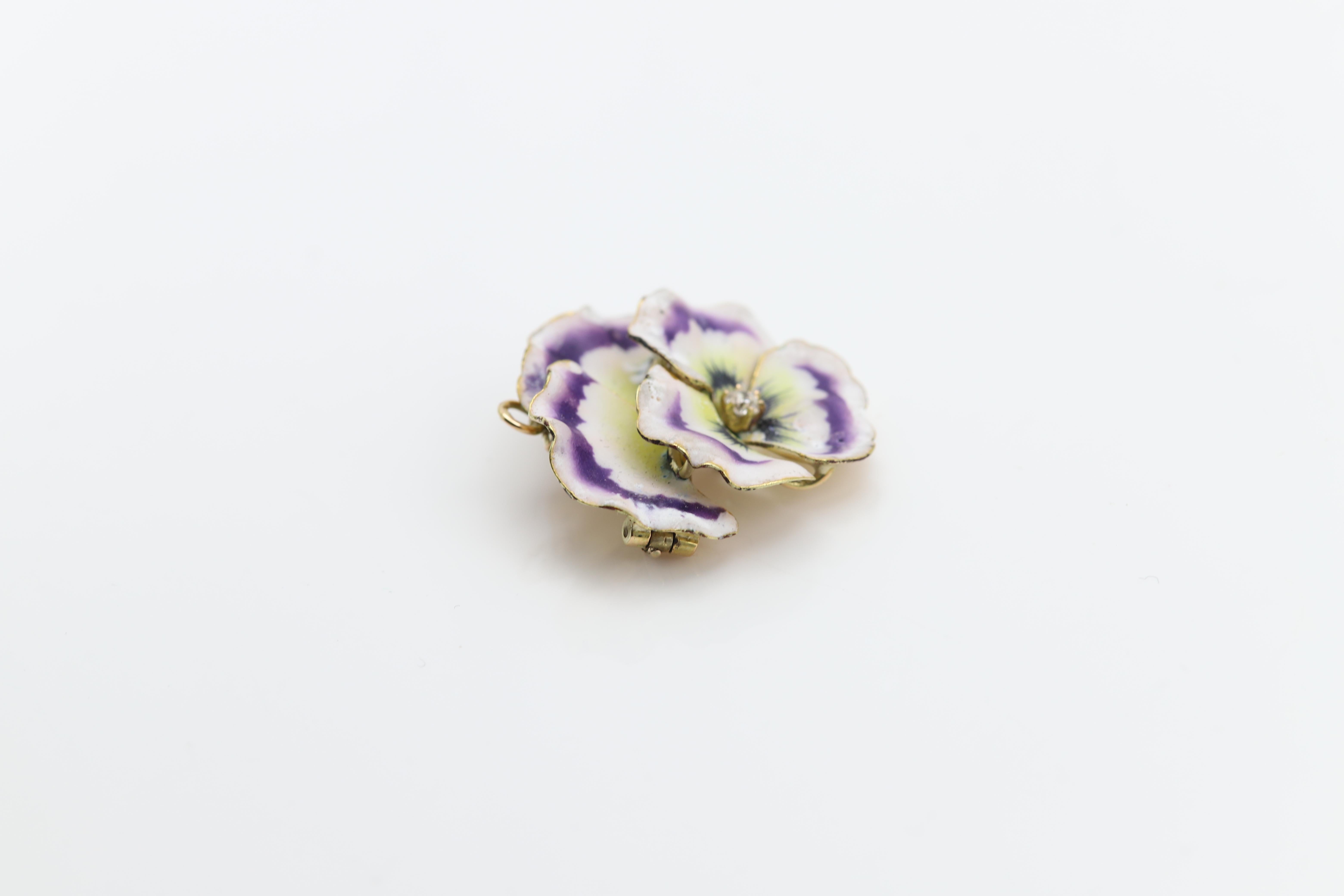 Vintage Pansy Art Nouveau Enamel Brooch circa late 1800's 14 Karat Brooch Pin For Sale 5