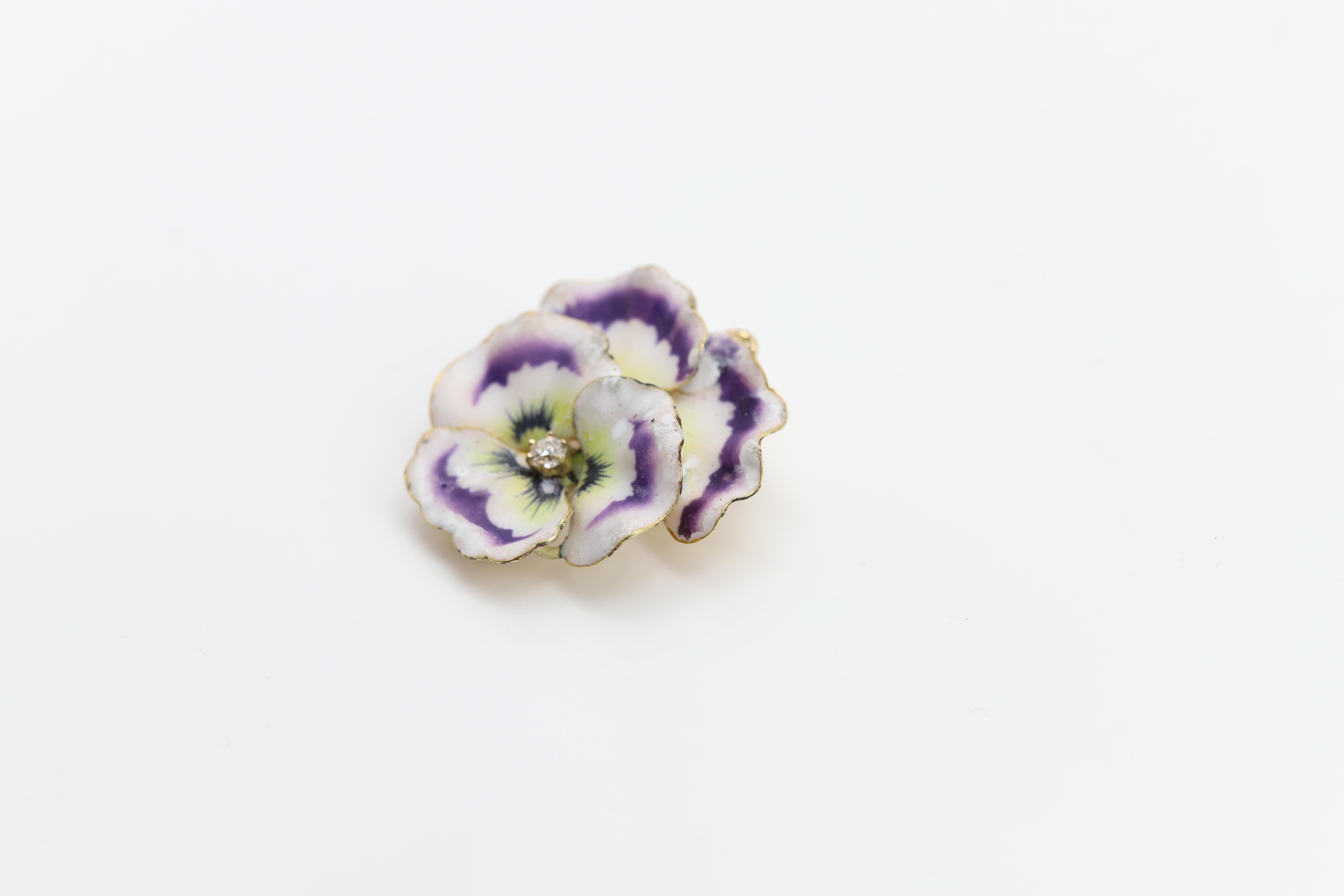 Vintage Pansy Art Nouveau Enamel Brooch circa late 1800's 14 Karat Brooch Pin For Sale 6