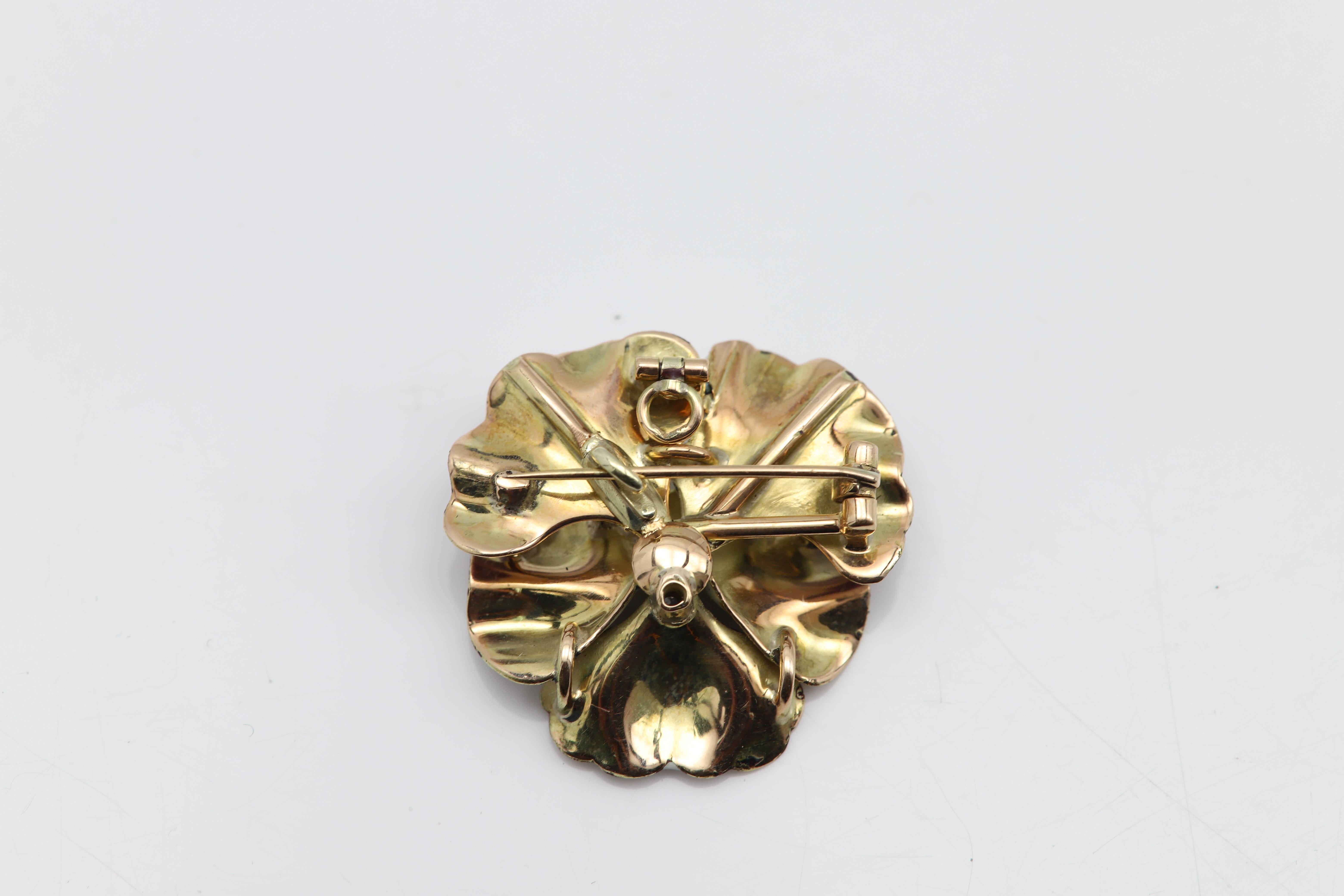 Women's Vintage Pansy Art Nouveau Enamel Brooch circa late 1800's 14 Karat Brooch Pin For Sale