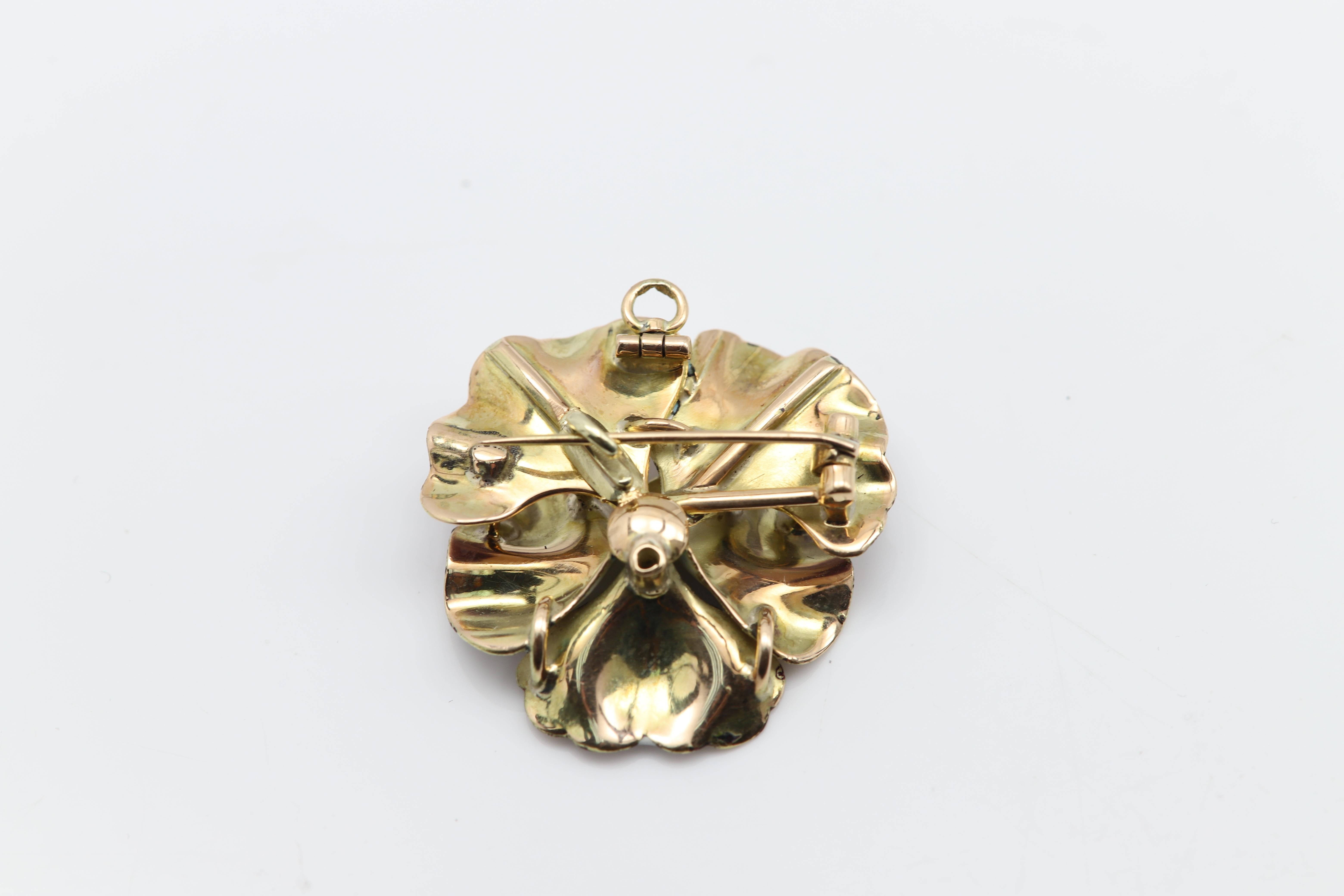 Vintage Pansy Art Nouveau Enamel Brooch circa late 1800's 14 Karat Brooch Pin For Sale 1