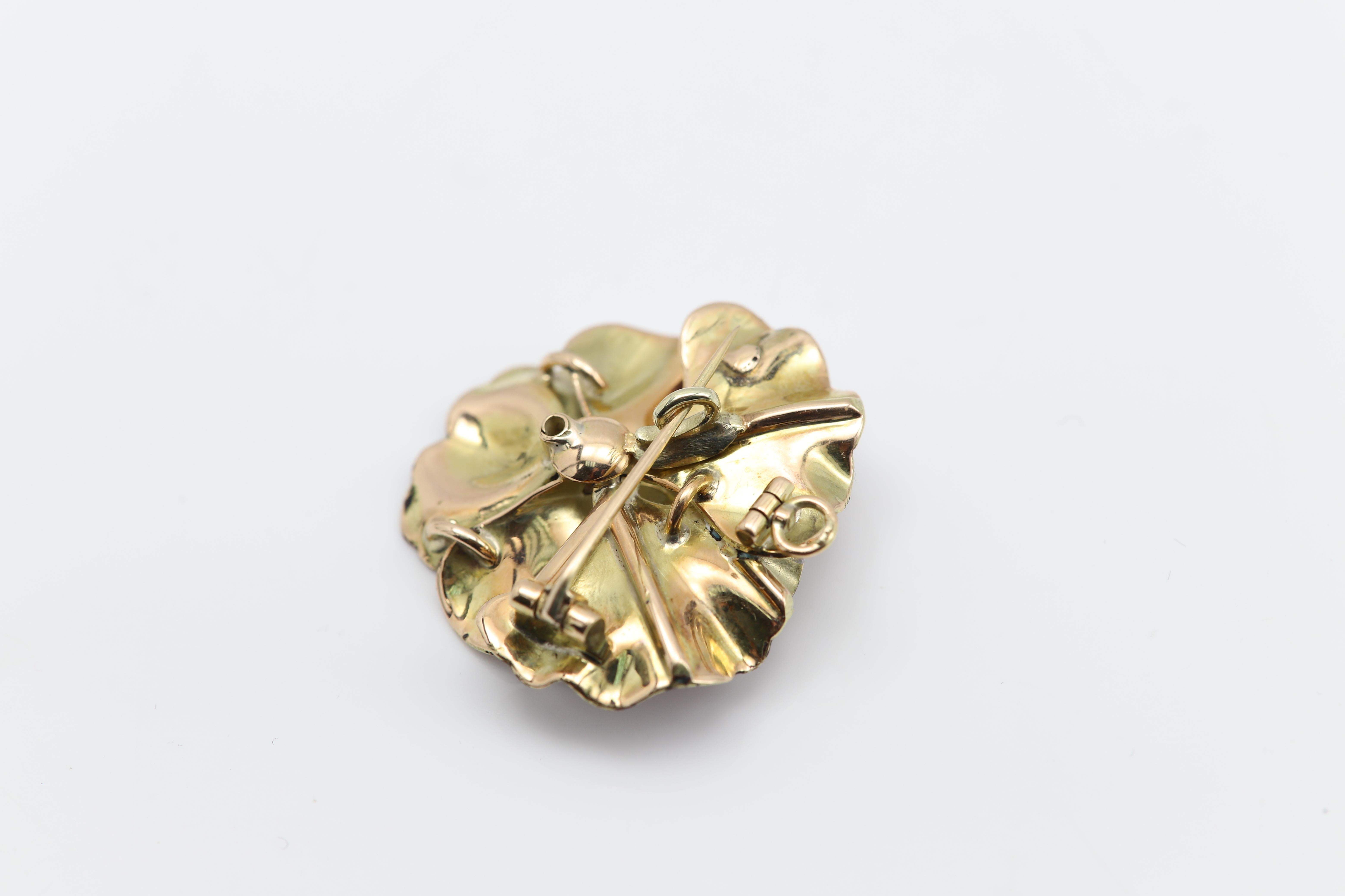 Vintage Pansy Art Nouveau Enamel Brooch circa late 1800's 14 Karat Brooch Pin For Sale 2