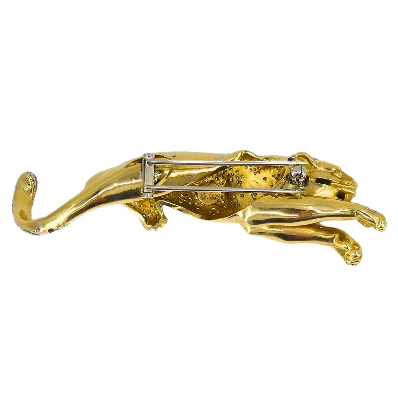 Women's or Men's Vintage Panther Enamel Brooch 18k Gold Diamond Emerald Estate Jewelry For Sale