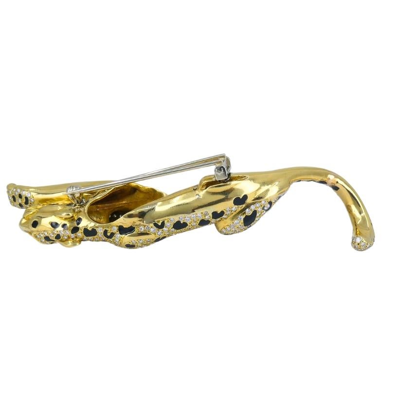 Vintage Panther Enamel Brooch 18k Gold Diamond Emerald Estate Jewelry For Sale 3