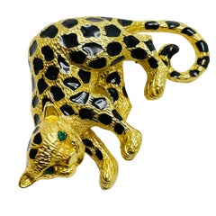 Vintage panther gold enamel rhinestone designer pendant brooch