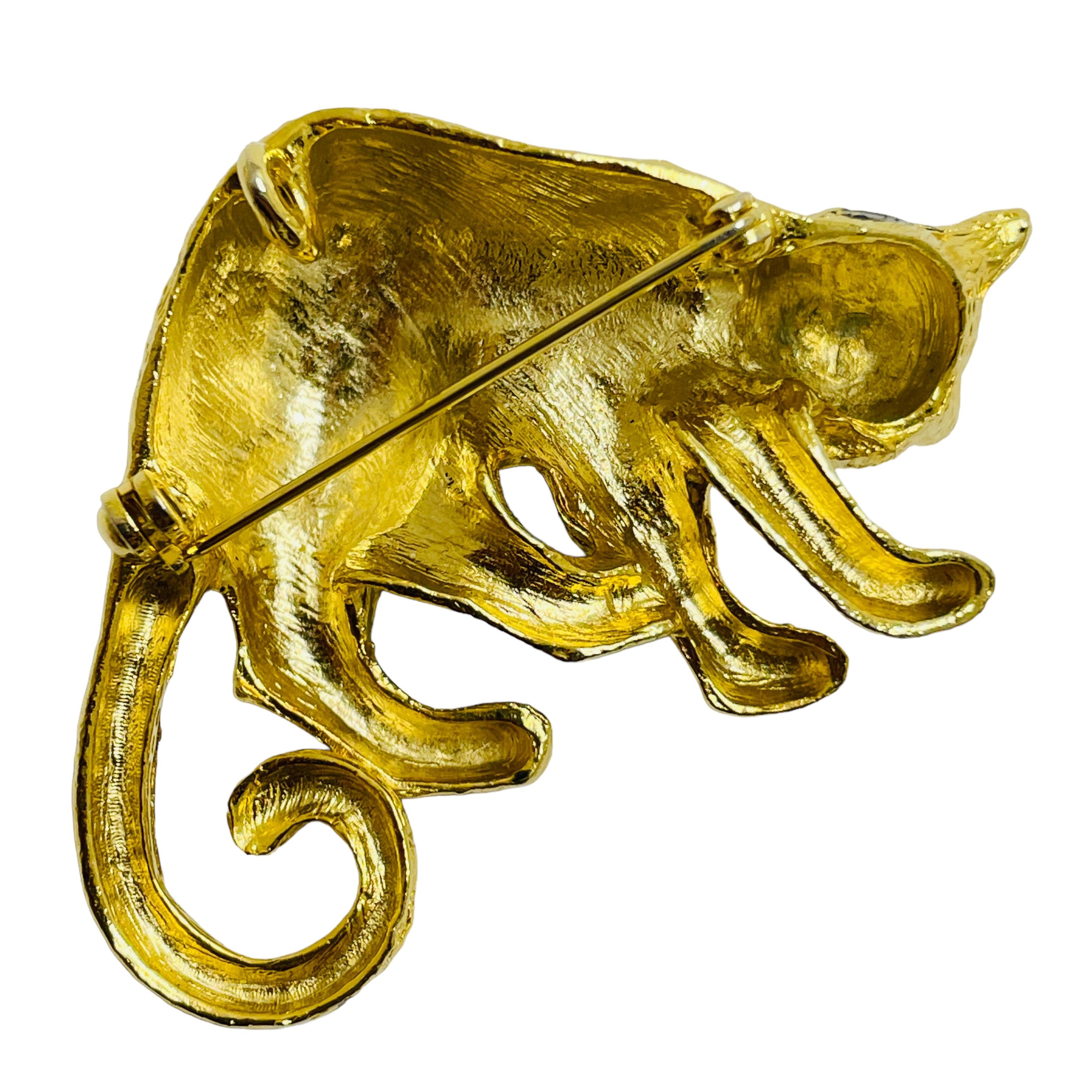 Vintage panther gold enamel rhinestone designer pendant brooch In Good Condition For Sale In Palos Hills, IL