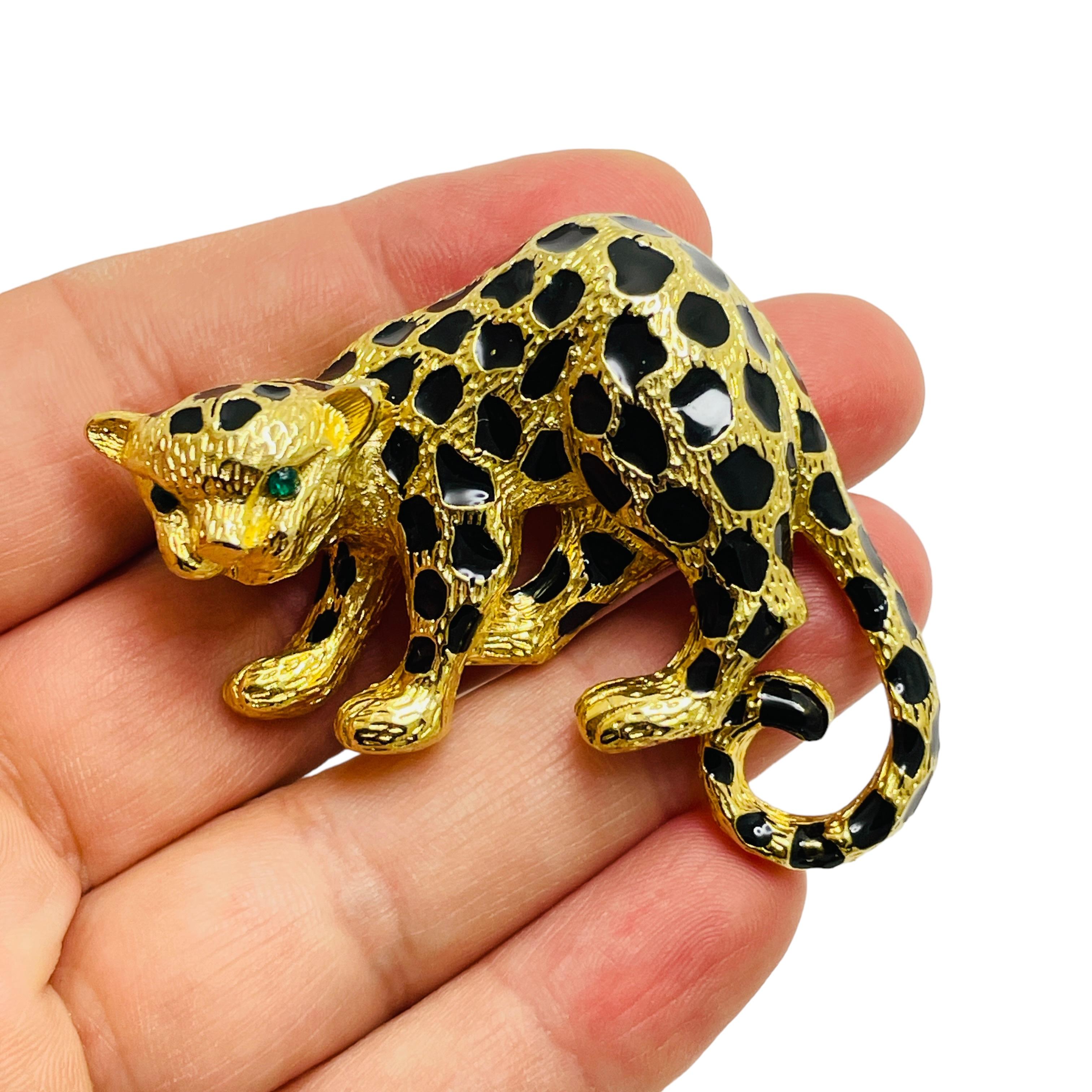 Women's Vintage panther gold enamel rhinestone designer pendant brooch For Sale