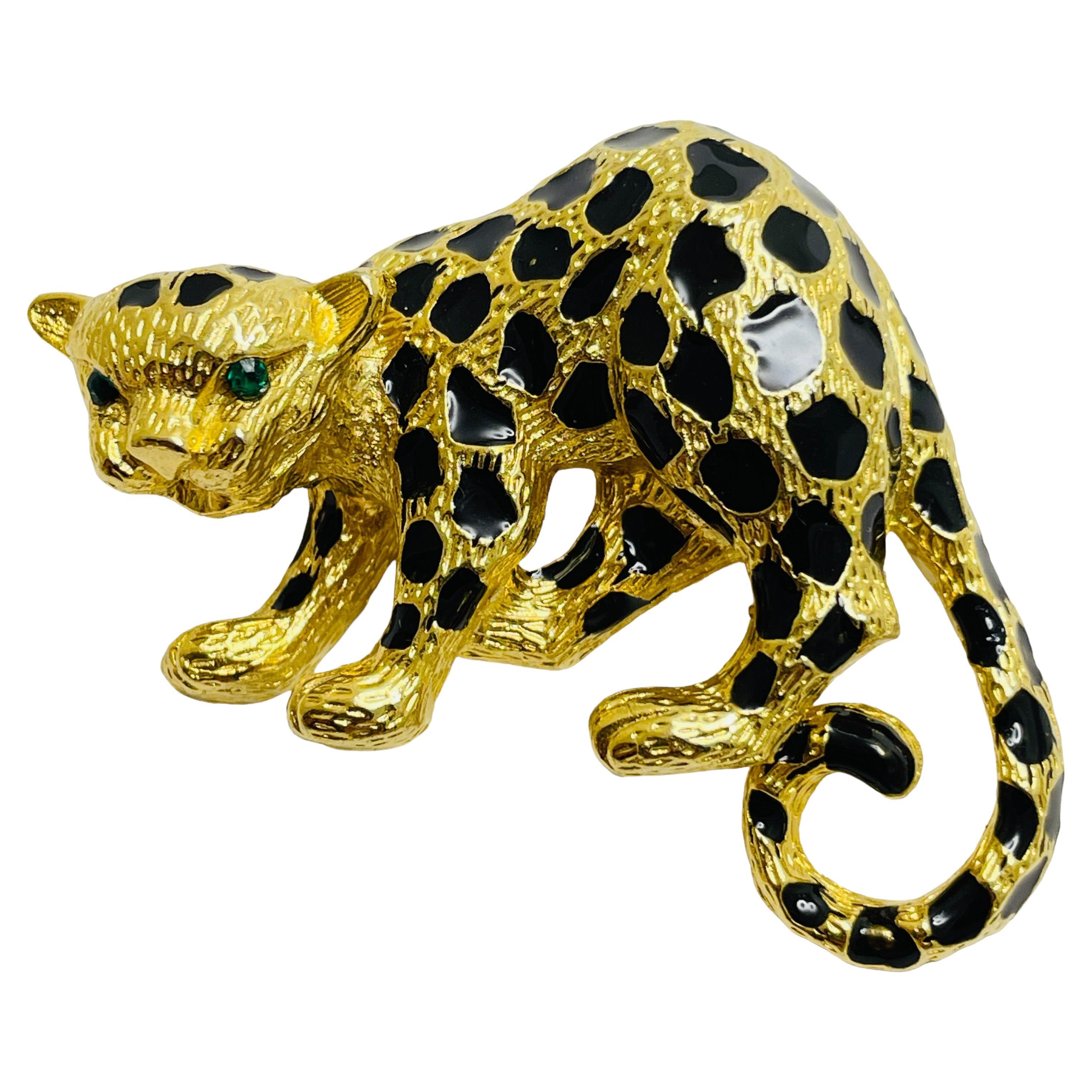 Vintage panther gold enamel rhinestone designer pendant brooch For Sale