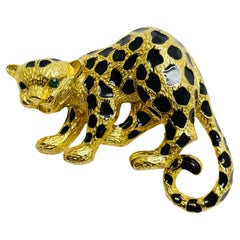 Vintage panther gold enamel rhinestone designer pendant brooch
