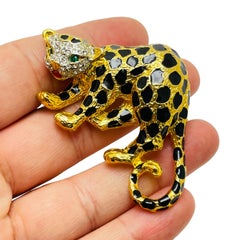 Vintage panther gold enamel rhinestone designer runway brooch