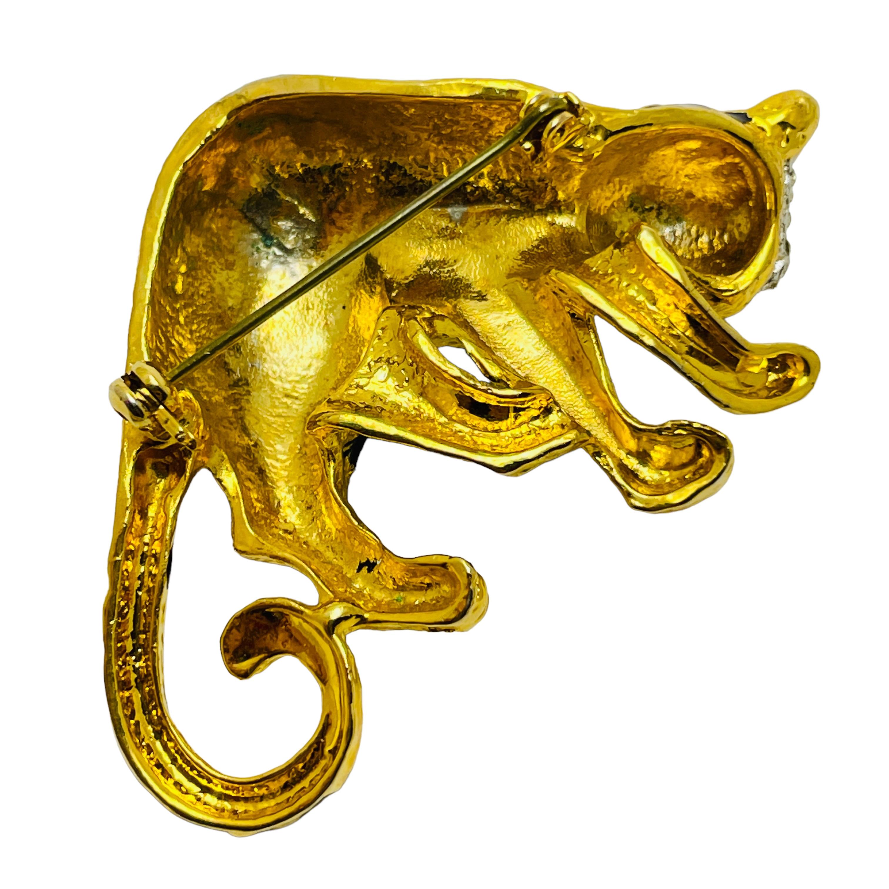Vintage panther gold enamel rhinestone designer runway brooch In Good Condition For Sale In Palos Hills, IL
