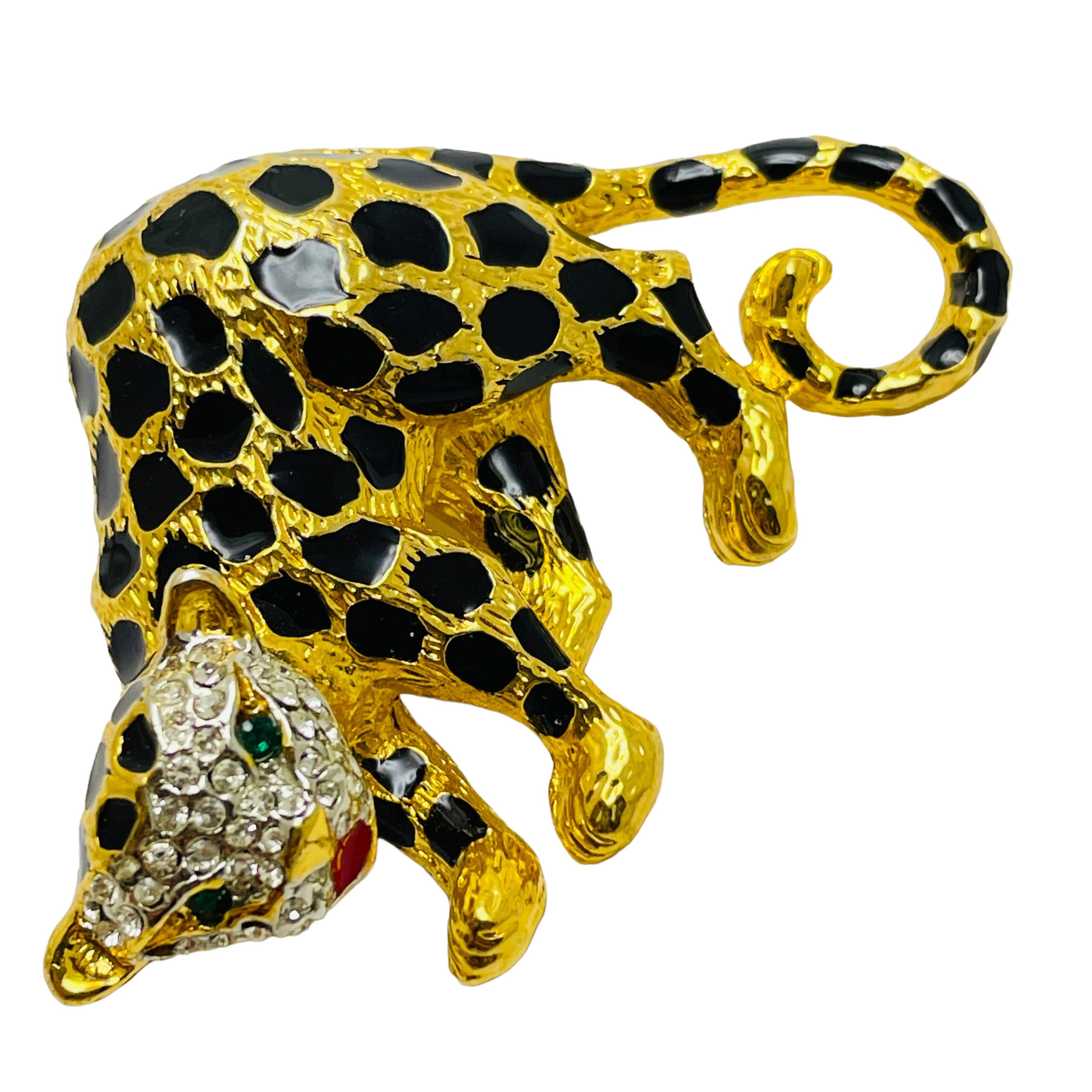 Women's or Men's Vintage panther gold enamel rhinestone designer runway brooch For Sale
