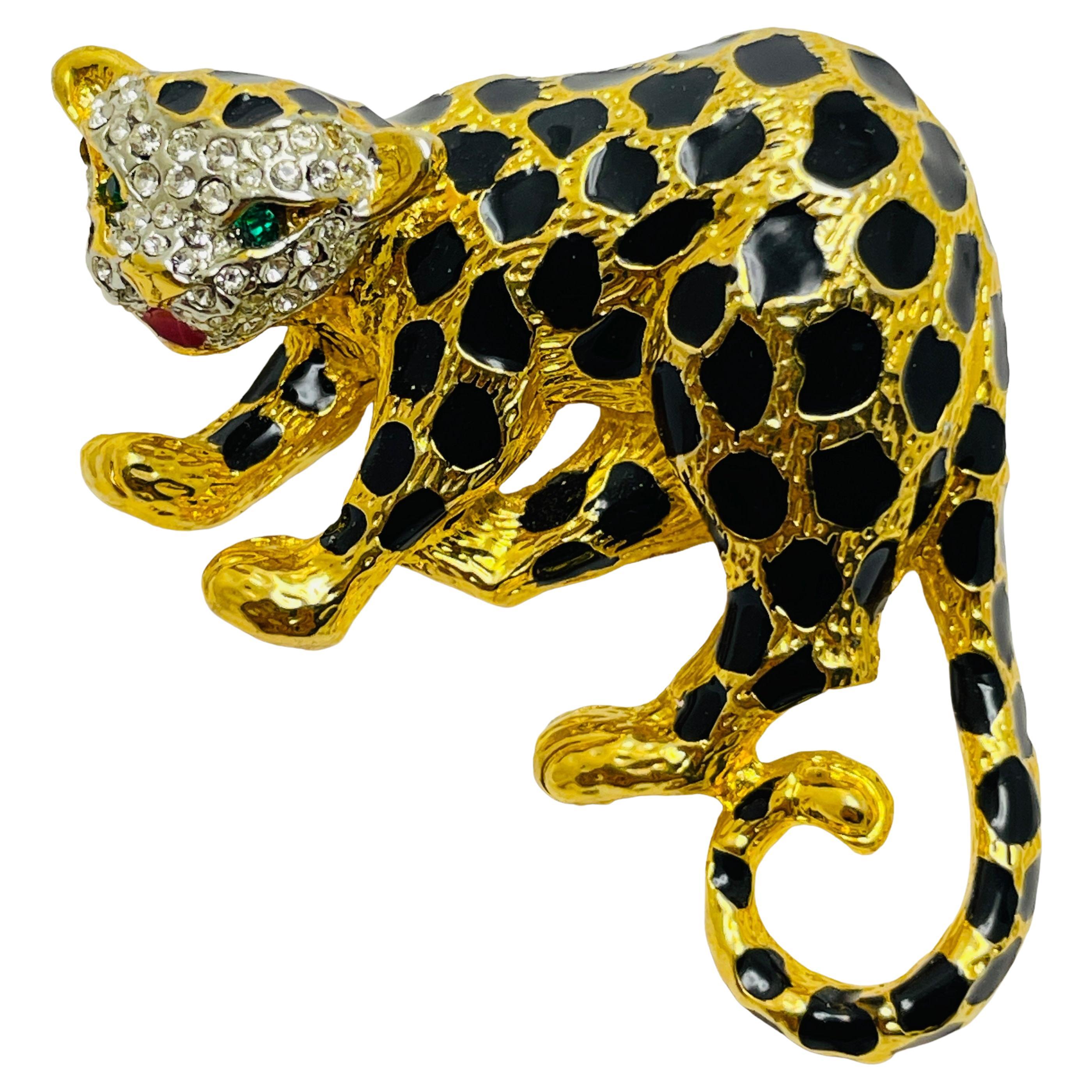 Vintage panther gold enamel rhinestone designer runway brooch For Sale
