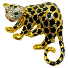 Vintage panther gold enamel rhinestone designer runway brooch