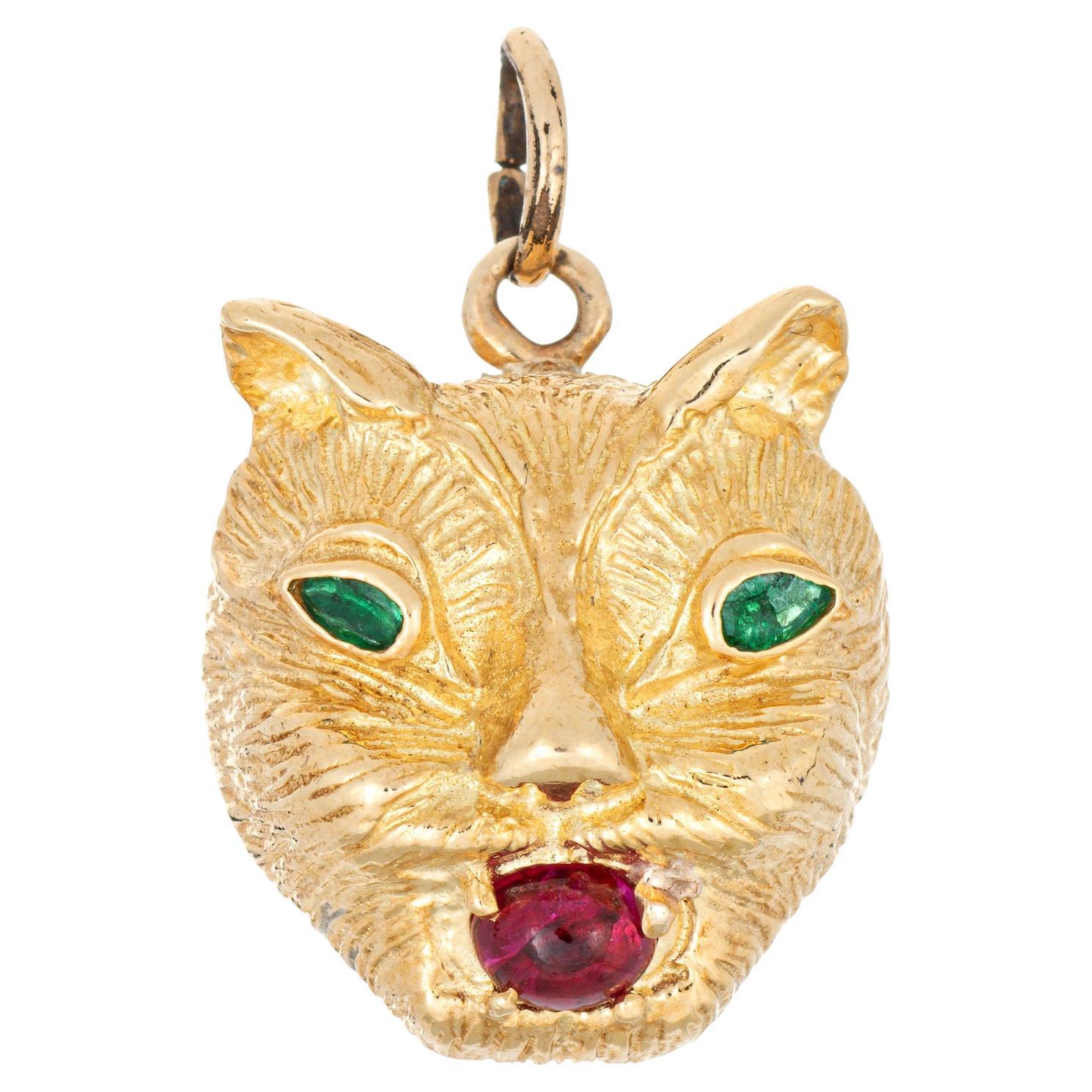 Ciondolo Pantera d'epoca in oro giallo 14k con smeraldo e rubino Gioielli per animali