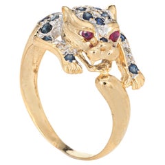 Vintage Panther Ring Sapphire Ruby Eyes 14k Yellow Gold Estate Animal Jewelry