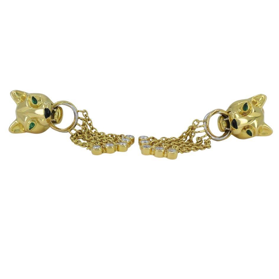 Vintage Panthère de Cartier 18k Gold Diamond Emerald Onyx Earrings For Sale 5