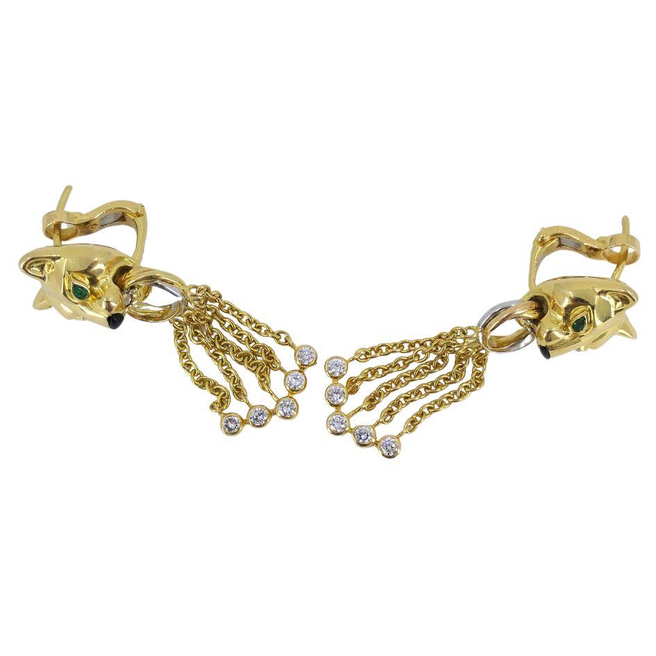 Vintage Panthère de Cartier 18k Gold Diamond Emerald Onyx Earrings For Sale 6