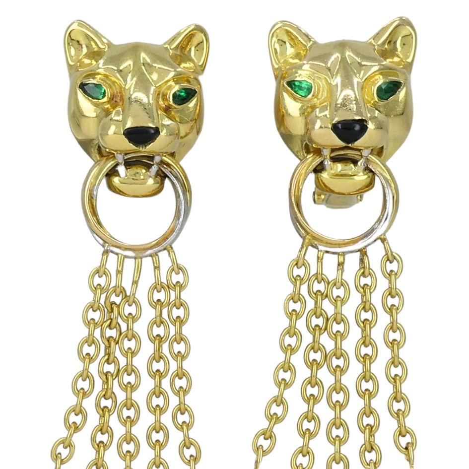 Marquise Cut Vintage Panthère de Cartier 18k Gold Diamond Emerald Onyx Earrings For Sale