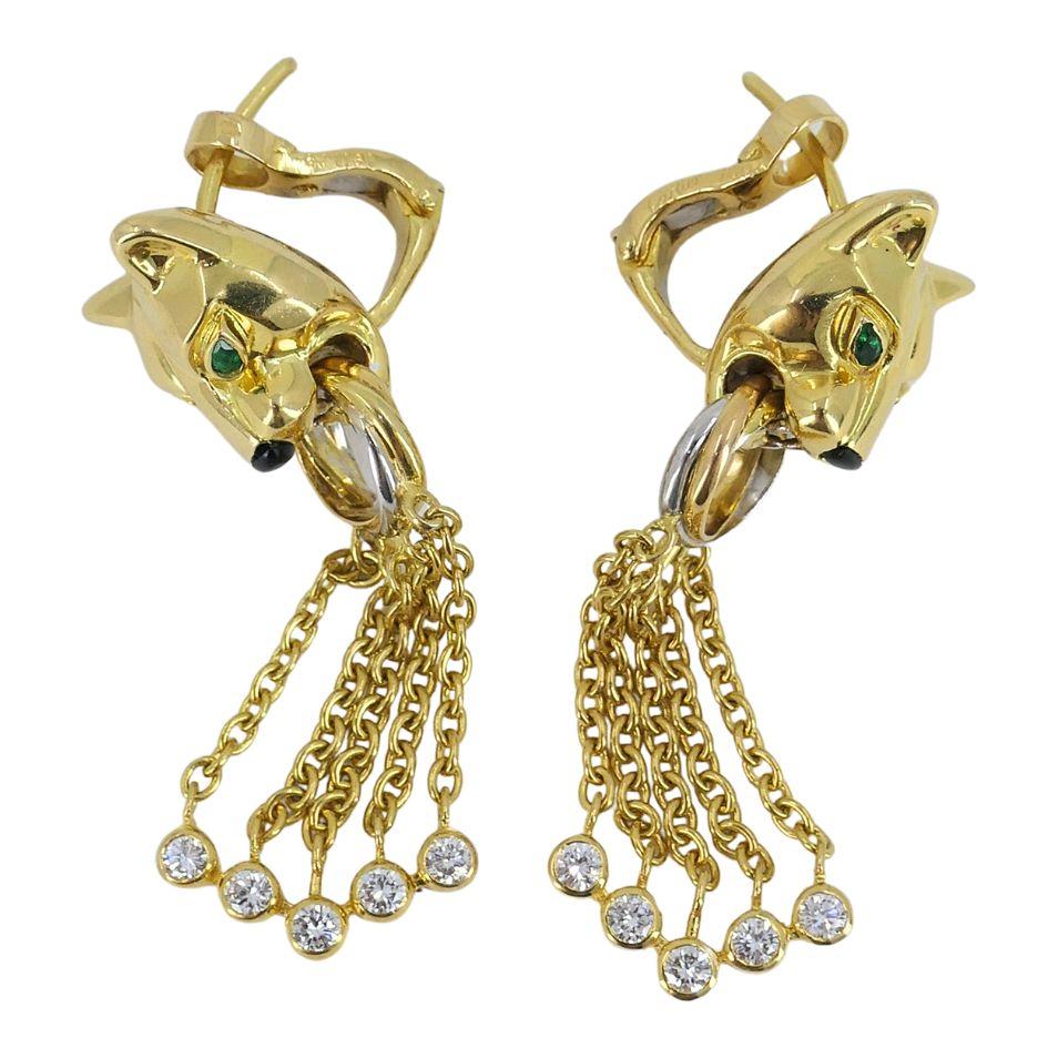 Vintage Panthère de Cartier 18k Gold Diamond Emerald Onyx Earrings For Sale 3