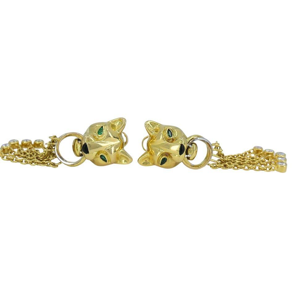 Vintage Panthère de Cartier 18k Gold Diamond Emerald Onyx Earrings For Sale 4