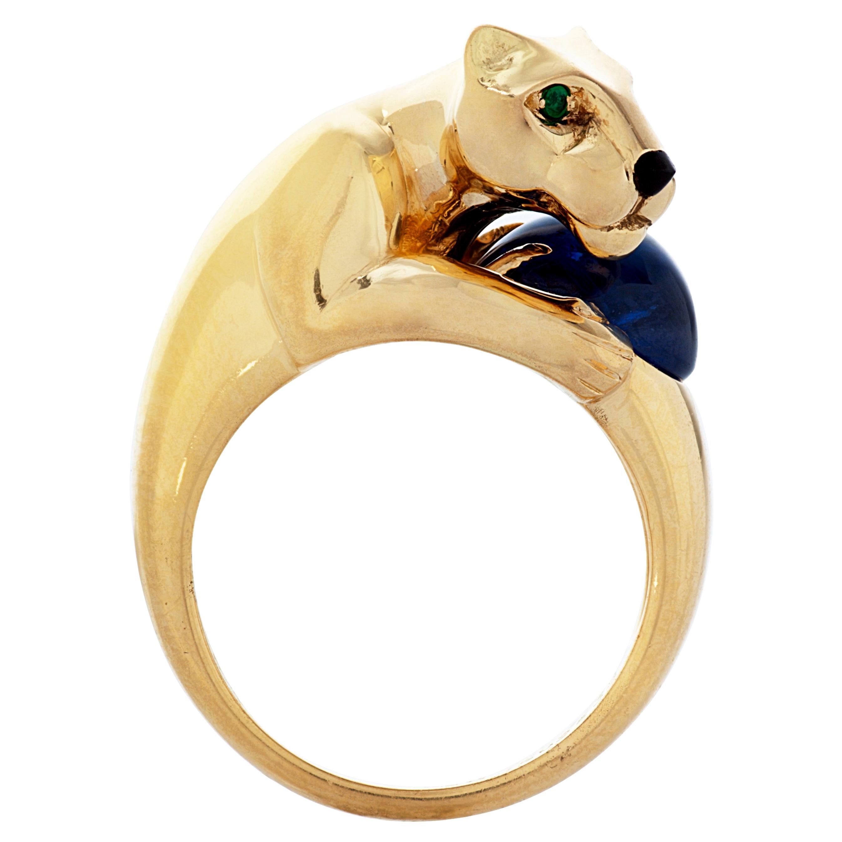 Vintage Panthere De Cartier 4.40 Carat Cabochon Sapphire Ring in 18k Yellow Gold