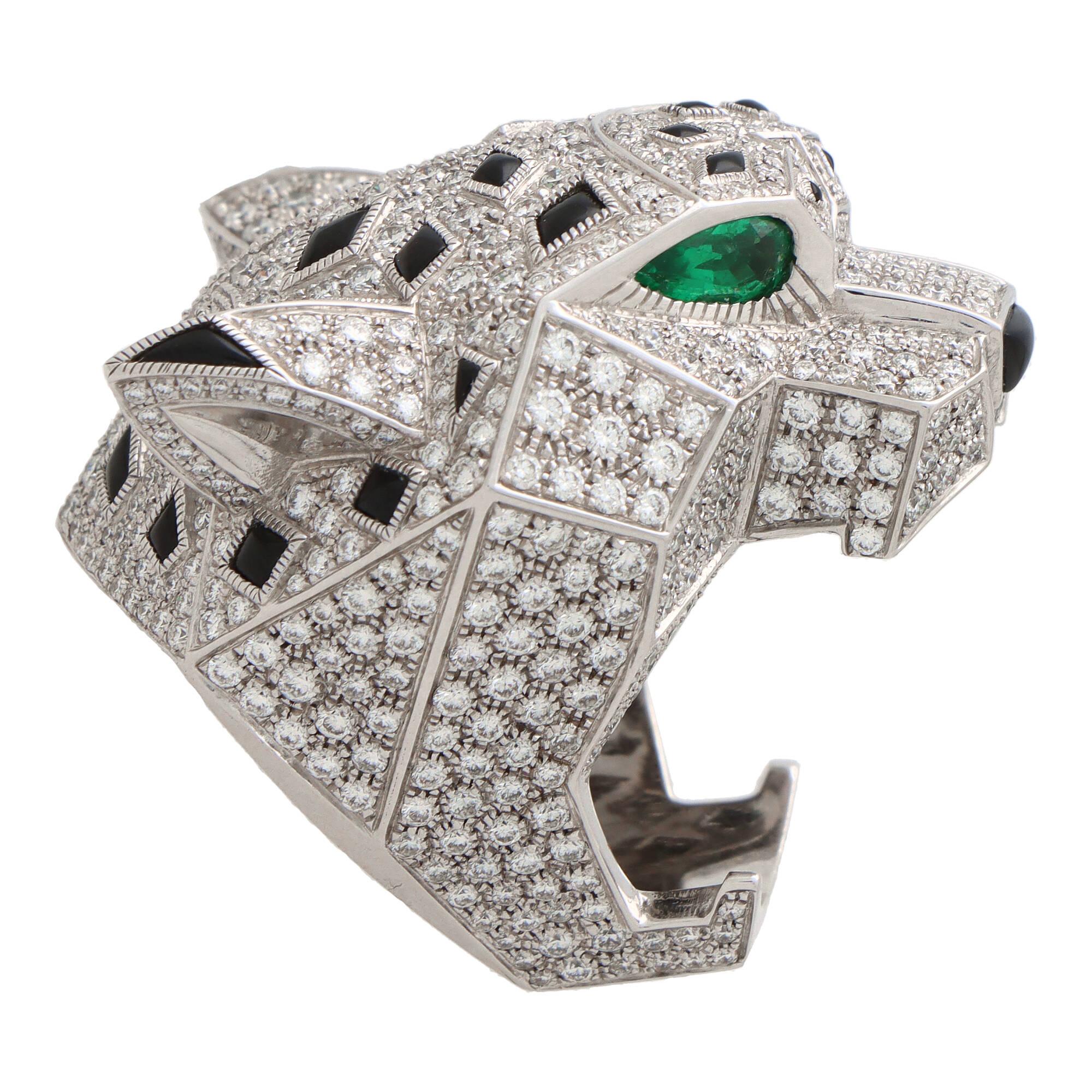 Vintage Panthère de Cartier Diamant, Smaragd und Onyx Panther Ring in Weißgold (Moderne)