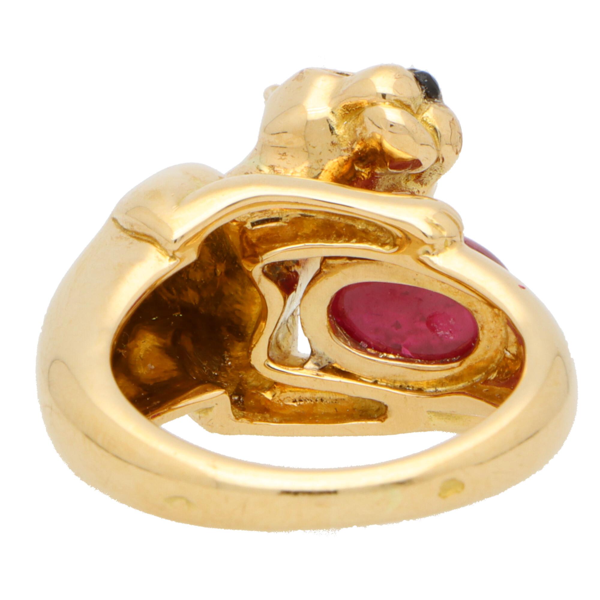 Cabochon Vintage Panthère De Cartier Ruby and Emerald Panther Ring Set in 18k Yellow Gold