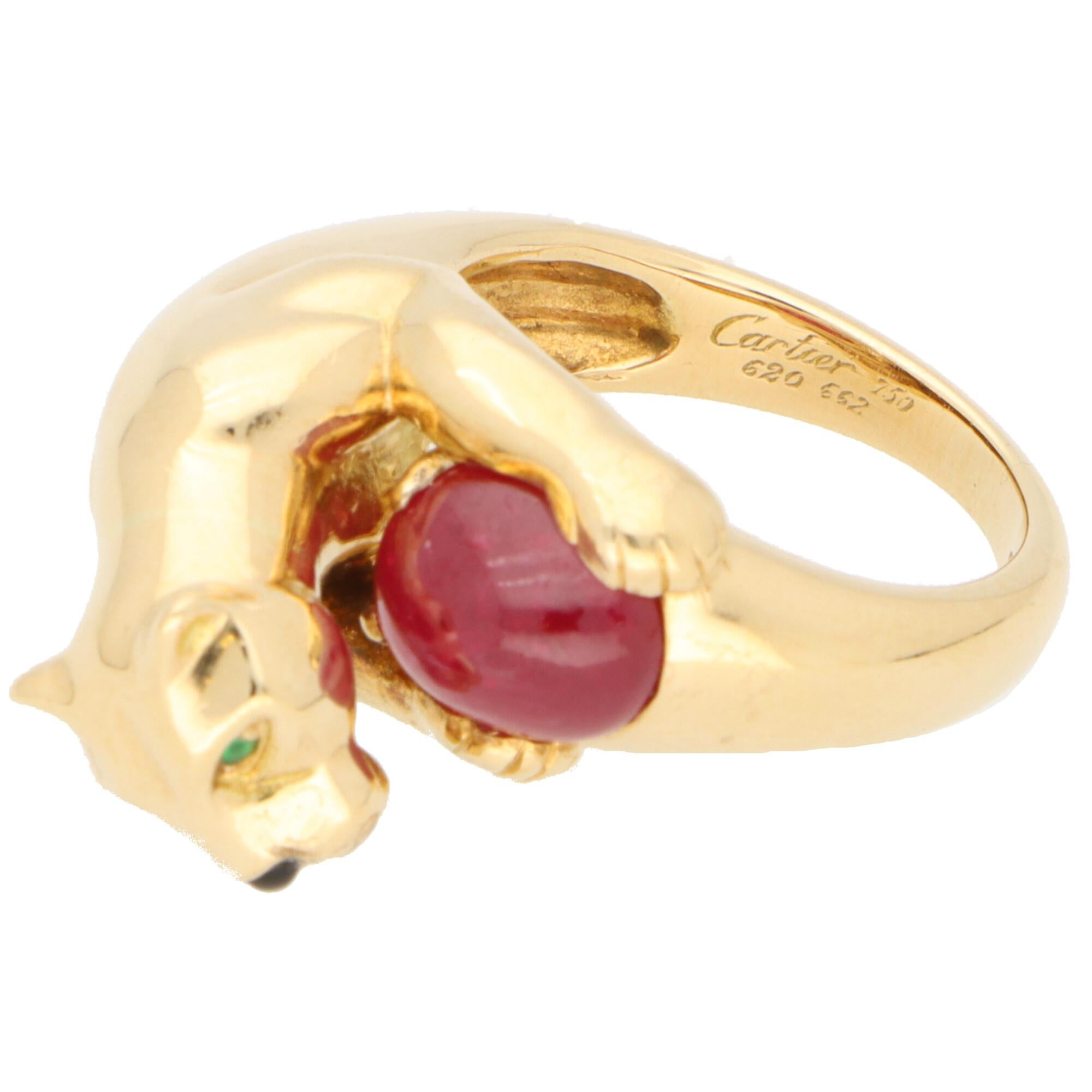 Vintage Panthère De Cartier Ruby and Emerald Panther Ring Set in 18k Yellow Gold In Good Condition In London, GB