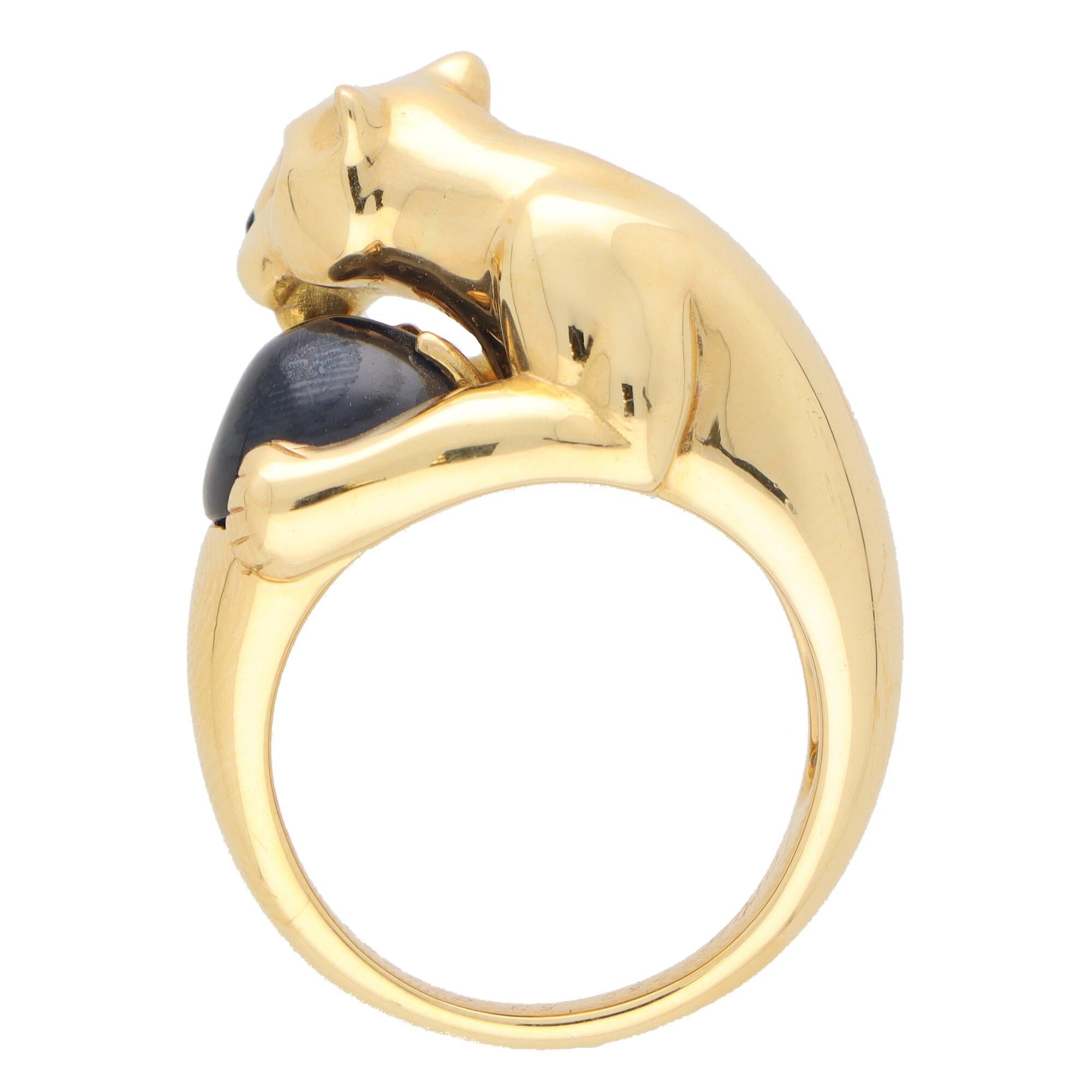 Retro Vintage Panthère De Cartier Sapphire and Emerald Panther Ring Set in 18k Gold