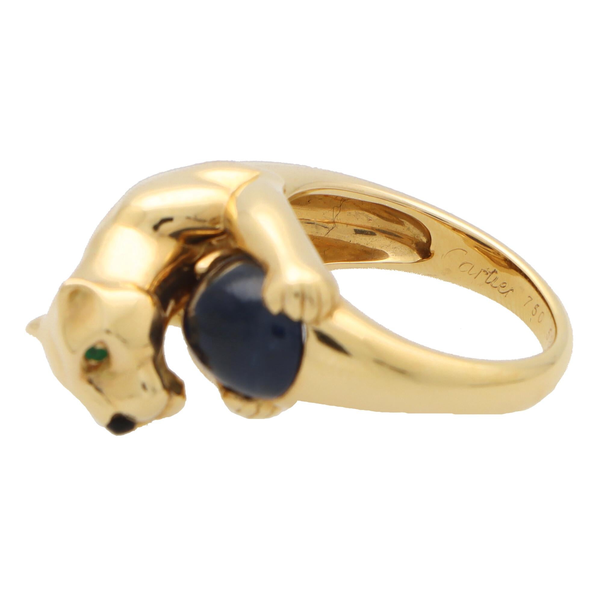 Cabochon Vintage Panthère De Cartier Sapphire and Emerald Panther Ring Set in 18k Gold