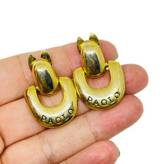 Vintage PAOLO GUCCI signed gold tone door knocker designer clip on earrings