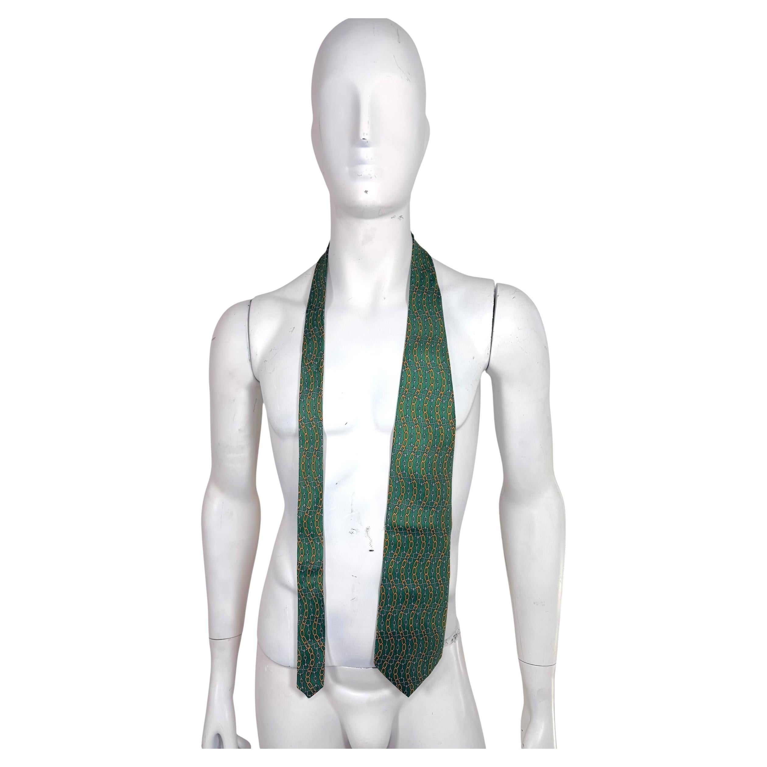 Pre-owned Gucci Vintage Paolo  Silk Tie Chain Print Green Made In Italy