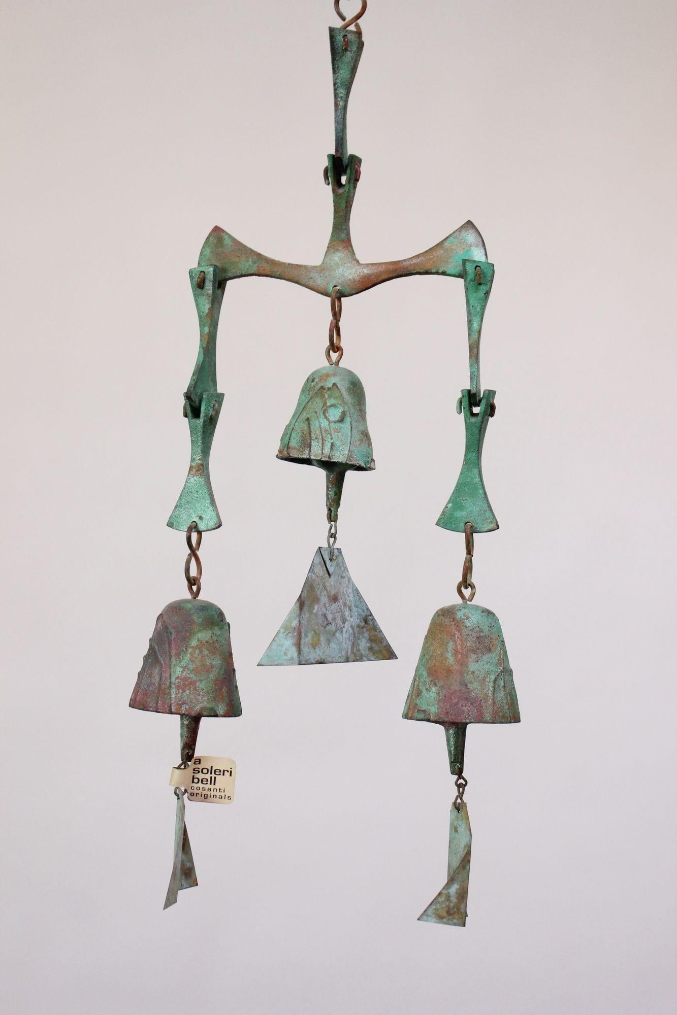 Mid-Century Modern Vintage Paolo Soleri Arconsanti Multi-Color Bronze Three Bell / Wind Chime
