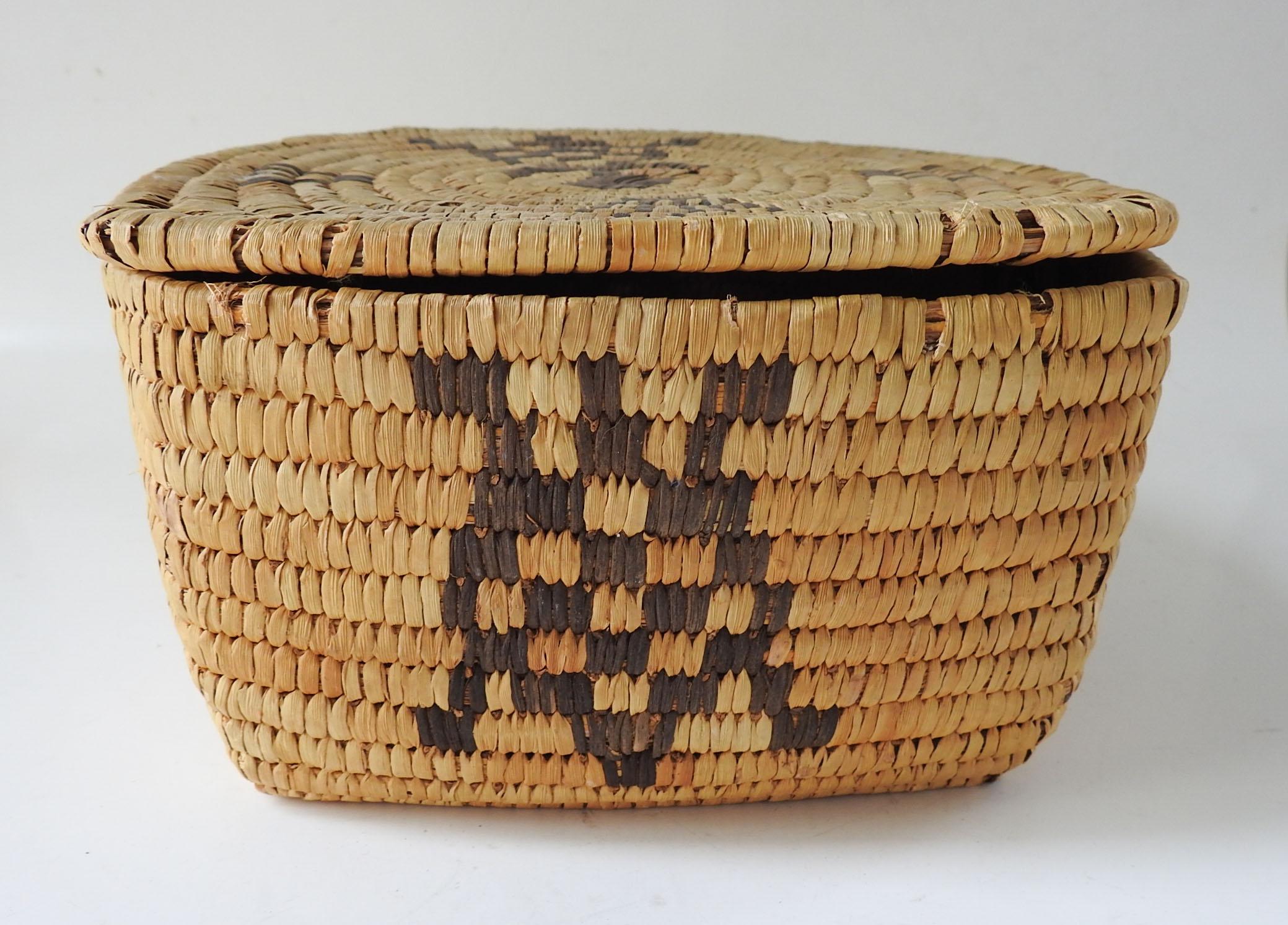 American Vintage Papago Hand Woven Covered Basket Turtle Design For Sale
