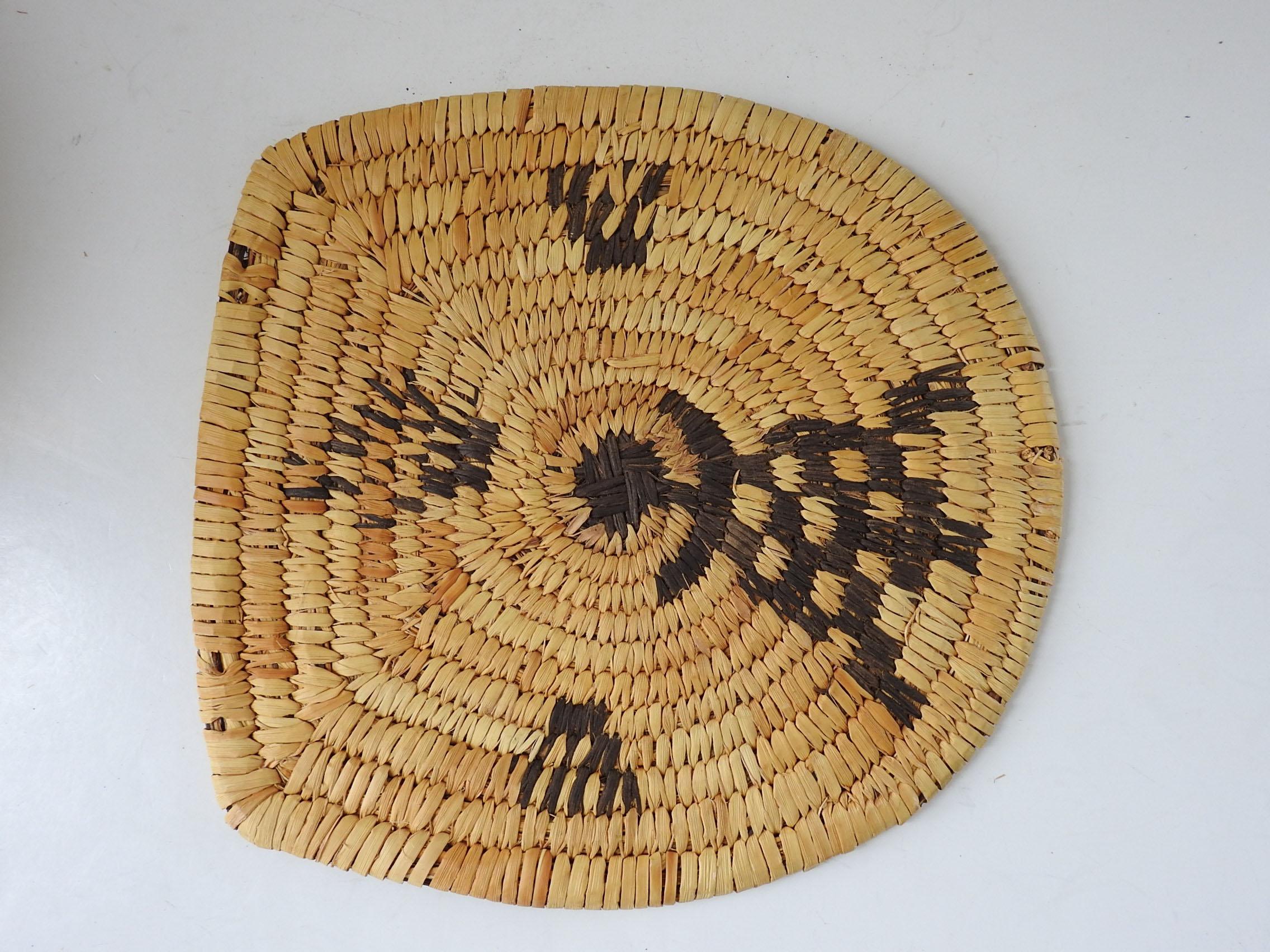 Raffia Vintage Papago Hand Woven Covered Basket Turtle Design For Sale