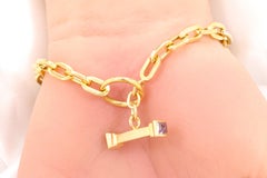 Vintage Paper Clip Chain Toggle Bracelet with Amethyst in 14k Yellow Gold
