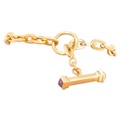 Vintage Paper Clip Chain Toggle Bracelet with Amethyst in 14k Yellow Gold