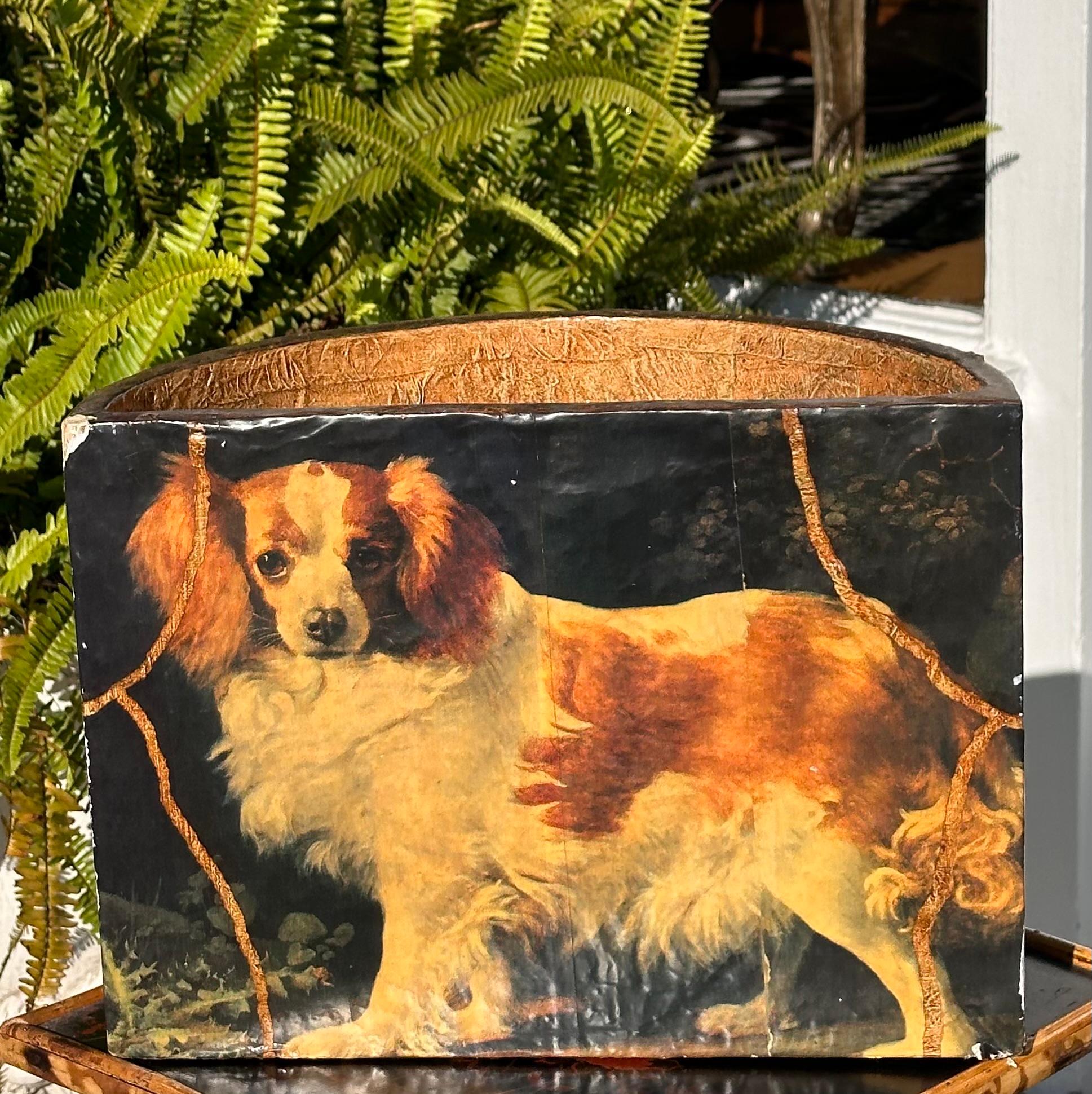 Regency Vintage Paper Mache King Charles Spaniel Dog Decoupage Waste Paper Basket For Sale