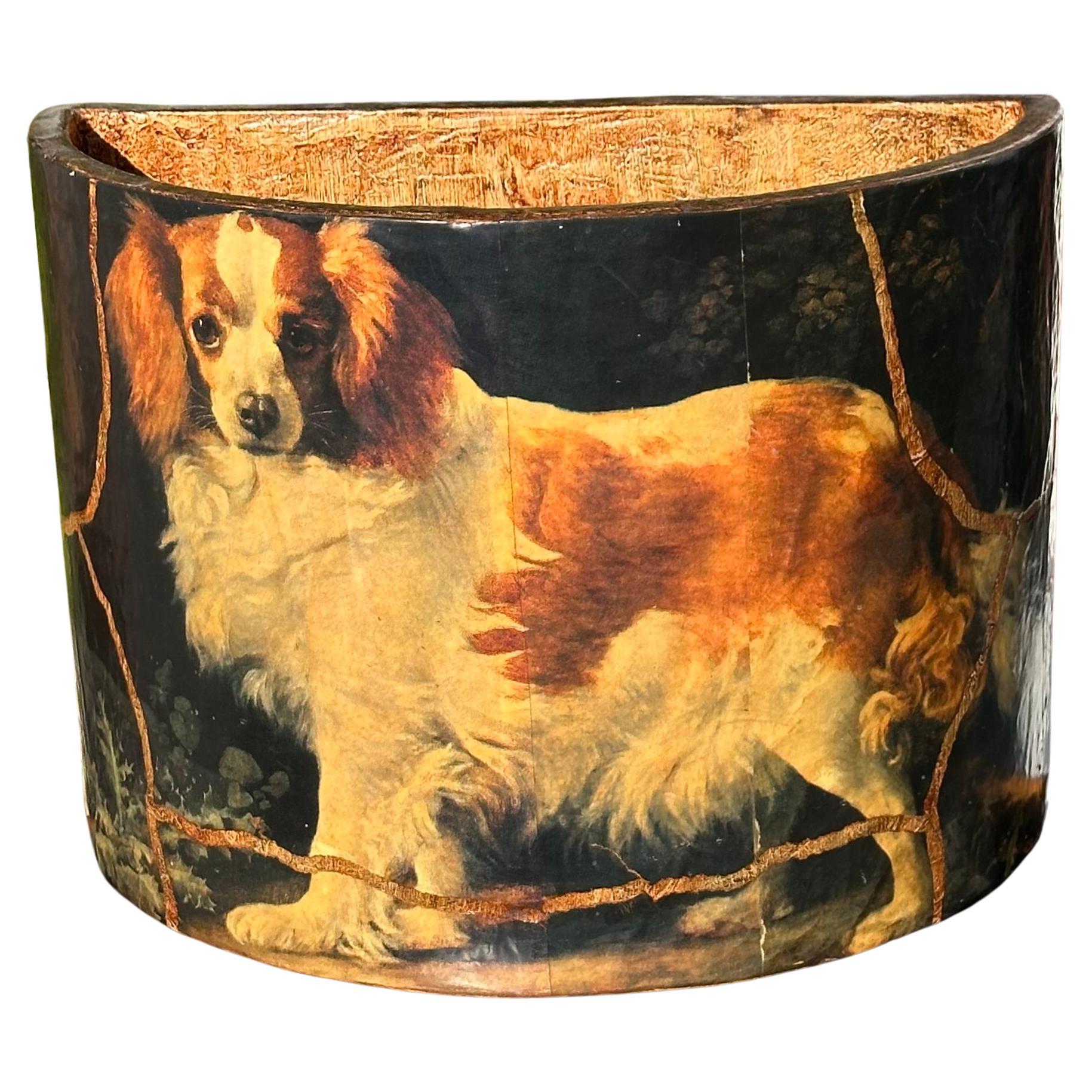 Vintage Paper Mache King Charles Spaniel Dog Decoupage Waste Paper Basket For Sale