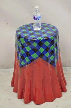 Vintage Paper Mache Red Blue Green Tartan Painted "Tablecloth" Drape Side Table