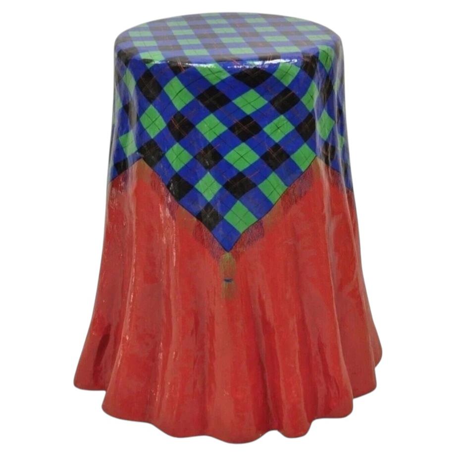 Vintage Paper Mache Red Blue Green Tartan Painted "Tablecloth" Drape Side Table For Sale