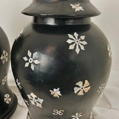 Vintage Papier Mache Black Lacquer Ginger Jar Lamps with Mother of Pearl Inlet