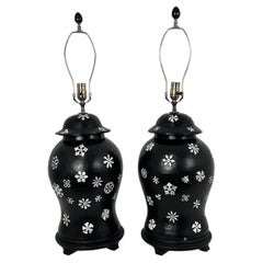 Vintage Papier Mache Black Lacquer Ginger Jar Lamps with Mother of Pearl Inlet
