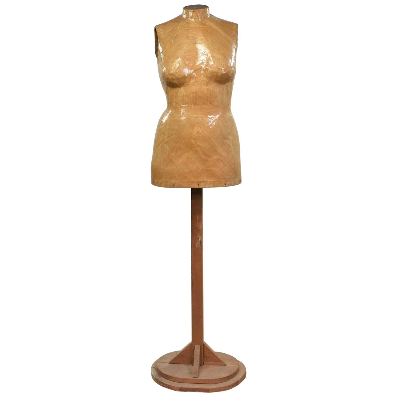 Vintage Papier-Mâché Female Dress Form Mannequin on Pine Wood Stand