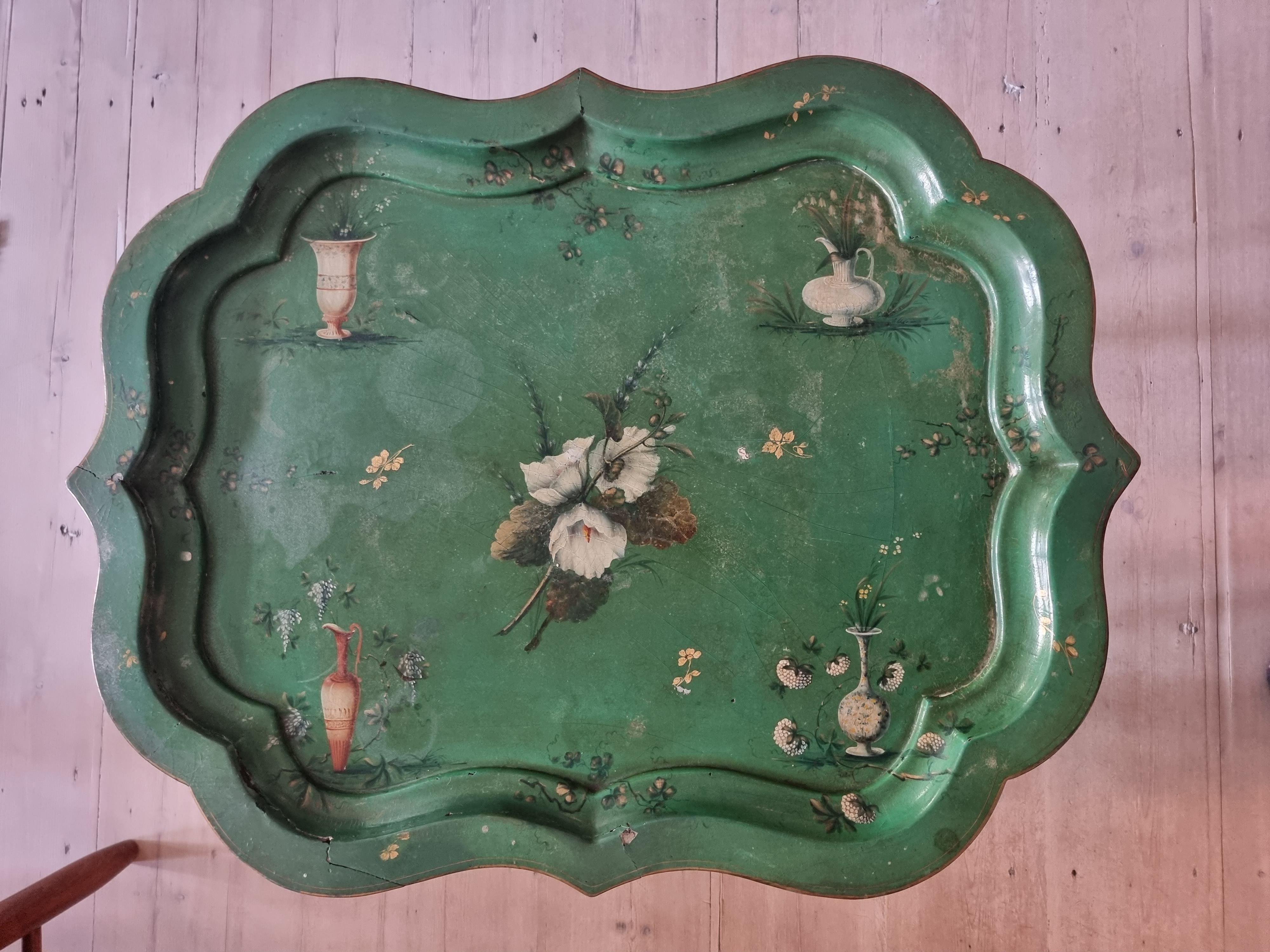 Vintage Papier Mache Tray Table with Faux Bamboo legs, England Mid 19th