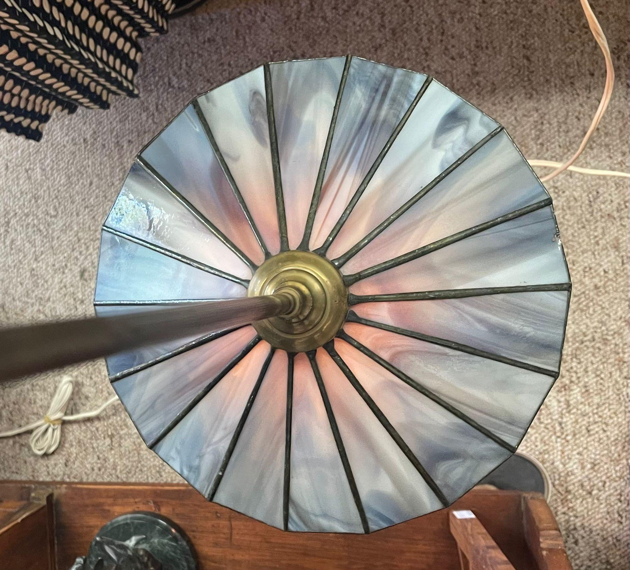 Mid-Century Modern Vintage Parasol Pendant Light With Blue Stained Glass Shade For Sale