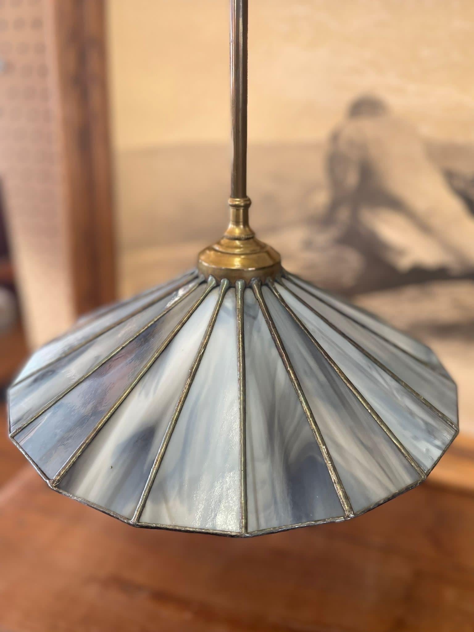 Vintage Parasol Pendant Light With Blue Stained Glass Shade In Good Condition For Sale In Seattle, WA